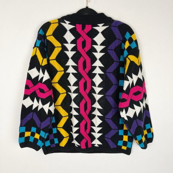 VTG Womens Chunky Knit Sweater Pullover Black Bright Abstract Retro 80s 90s M - Picture 2 of 6